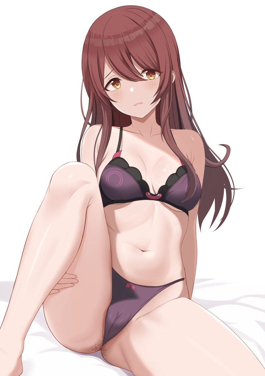 1girl absurdres baji_toufuu_(bajitohfu) bow bow_panties bra breasts brown_hair cameltoe closed_mouth collarbone commentary_request debi_tarou hair_between_eyes highres idolmaster idolmaster_shiny_colors invisible_chair knee_up long_hair looking_at_viewer medium_breasts navel osaki_tenka panties print_bra purple_bra purple_panties simple_background sitting solo thighs underwear underwear_only white_background yellow_eyes