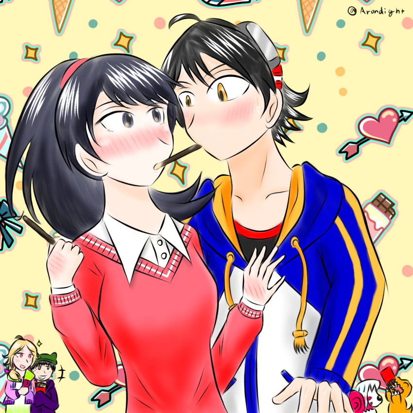 agumon blush couple digimon digimon_(creature) digimon_survive highres kimishima_saki labramon momotsuka_takuma shibuya_aoi shinonome_miu