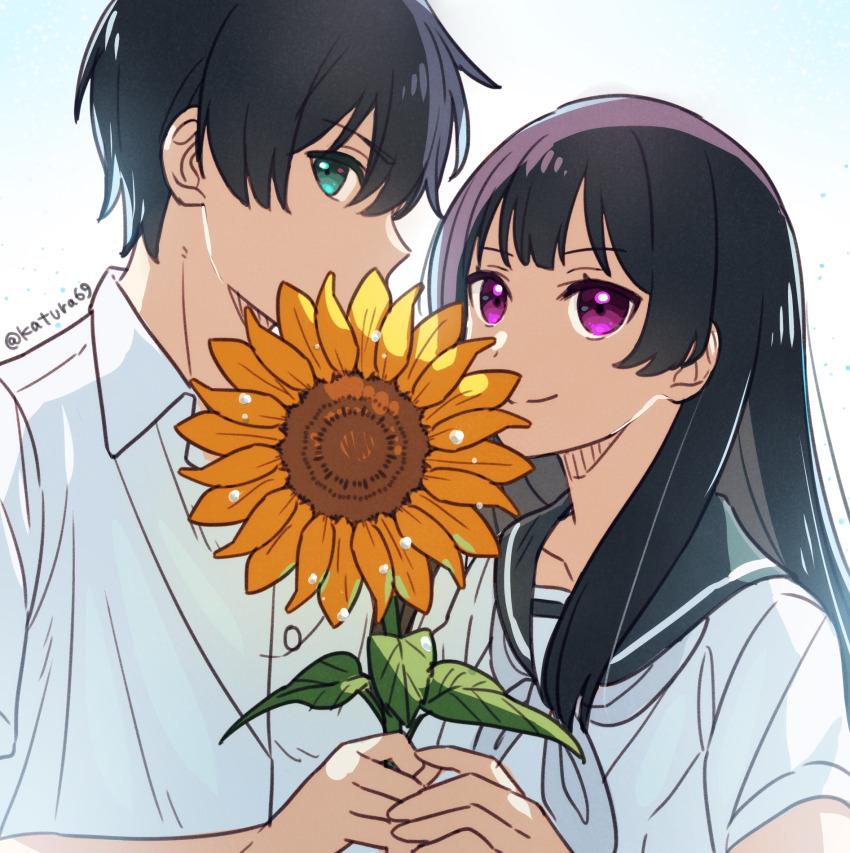 1boy 1girl black_hair black_sailor_collar blue_eyes closed_mouth collared_shirt dot_nose flower hair_between_eyes hanashiro_anzu hetero highres holding holding_flower holding_hands katsura_ichiho long_hair looking_at_viewer natsu_e_no_tunnel_sayonara_no_deguchi neckerchief profile purple_eyes purple_hair sailor_collar school_uniform serafuku shirt short_hair short_sleeves side-by-side sidelocks sideways_glance simple_background smile sunflower touno_kaoru twitter_username white_background white_neckerchief white_shirt wing_collar