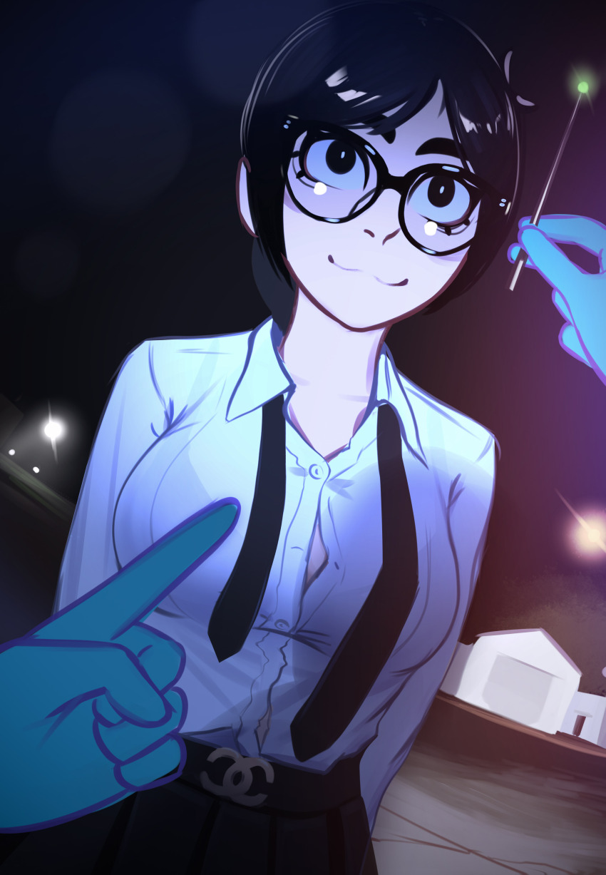 1girl 1other absurdres arms_behind_back arrest black-framed_eyewear black_eyes black_hair black_necktie black_skirt blue_gloves bra_visible_through_clothes breasts building button_gap chanel closed_mouth collared_shirt dress_shirt dutch_angle glasses gloves highres house lamppost large_breasts necktie night original outdoors partially_unbuttoned pointing police ponytail pov pov_hands road rosen_(veyonis) shirt skirt smile solo_focus standing street undone_necktie veyonis white_shirt wide-eyed