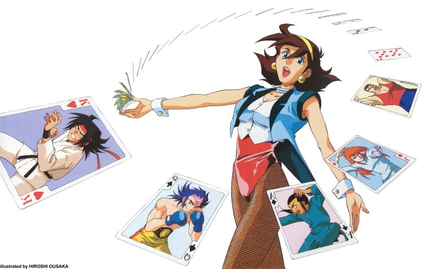 1girl absurdres ace_(playing_card) ace_of_clubs ahoge argo_gulskii armpits belt boxing boxing_gloves breasts card championship_belt chibodee_crocket cleavage club_(shape) cowboy_shot domon_kasshu dougi female_focus fencing fencing_suit fishnet_pantyhose fishnets floating_card g_gundam george_de_sand gundam hair_between_eyes highres holding holding_sword holding_weapon jack_(playing_card) jack_of_diamonds jewelry joker_(playing_card) karate_gi king_(playing_card) king_of_hearts_(playing_card) leotard leotard_under_clothes neck_ring ousaka_hiroshi pantyhose playing_card queen_(playing_card) queen_of_spades_(playing_card) rain_mikamura retro_artstyle sai_saici sideburns simple_background solo sword topless_male v-shaped_eyebrows weapon white_background