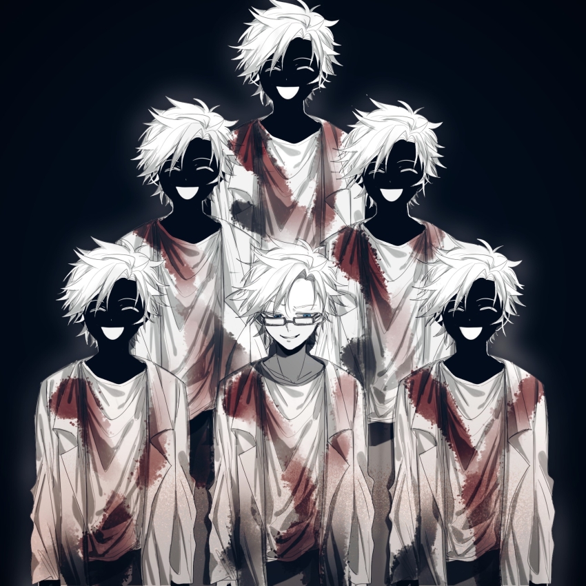6+boys ^_^ black_background black_pants blue_eyes chinese_commentary clone closed_eyes colored_skin commentary_request glasses highres kanou_aogu lab_coat lemijiang long_sleeves male_focus multiple_boys open_clothes open_mouth pants rectangular_eyewear saibou_shinkyoku shirt smile white_hair white_shirt white_skin