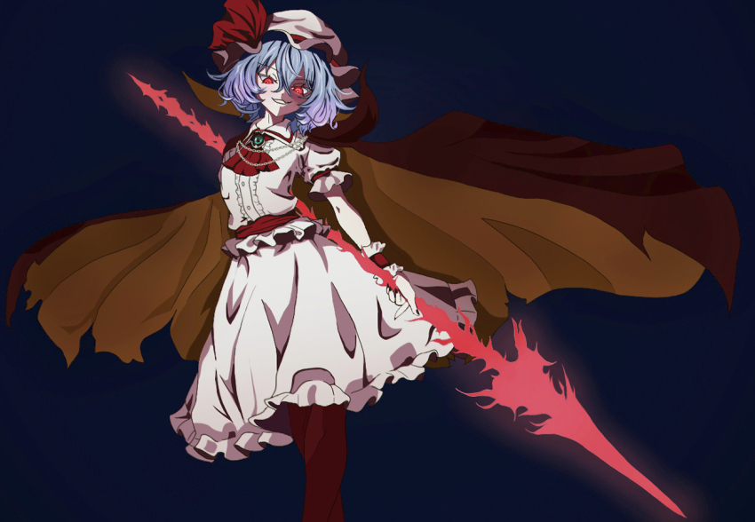 1girl ascot blue_background blue_hair brooch buttons cloak collared_dress collared_shirt dress frills grin hair_between_eyes hat hat_ribbon holding holding_polearm holding_weapon jewelry looking_at_viewer merihari07 mob_cap polearm puffy_short_sleeves puffy_sleeves red_ascot red_cloak red_eyes red_nails red_ribbon remilia_scarlet ribbon shirt short_hair short_sleeves simple_background skirt skirt_set smile solo spear spear_the_gungnir touhou weapon wrist_cuffs