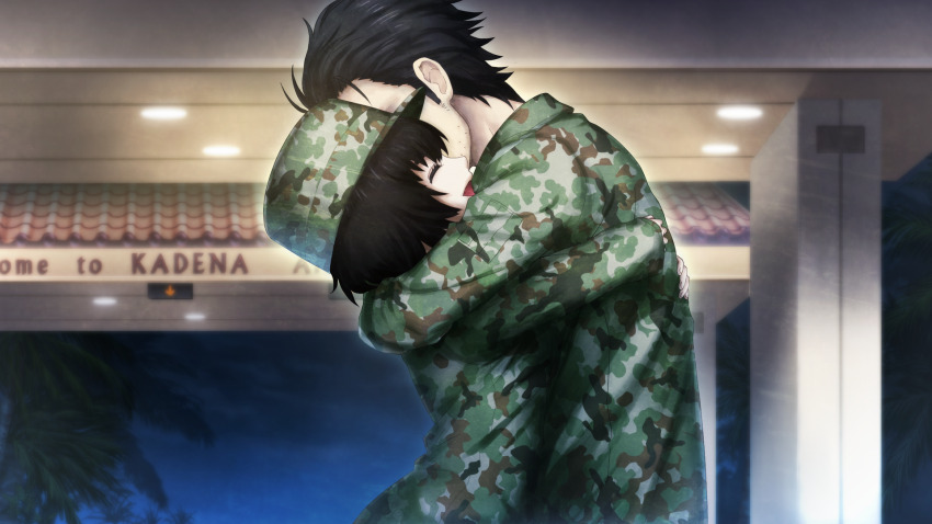 1boy 1girl beard_stubble black_hair bob_cut camouflage camouflage_hat camouflage_jacket closed_eyes facial_hair fingernails game_cg happy height_difference highres hug huke jacket military_uniform night non-web_source official_art okabe_rintarou okabe_rintarou_(beta) open_mouth palm_tree shiina_mayuri short_hair sideburns_stubble soldier steins;gate steins;gate_0 stubble tongue tree
