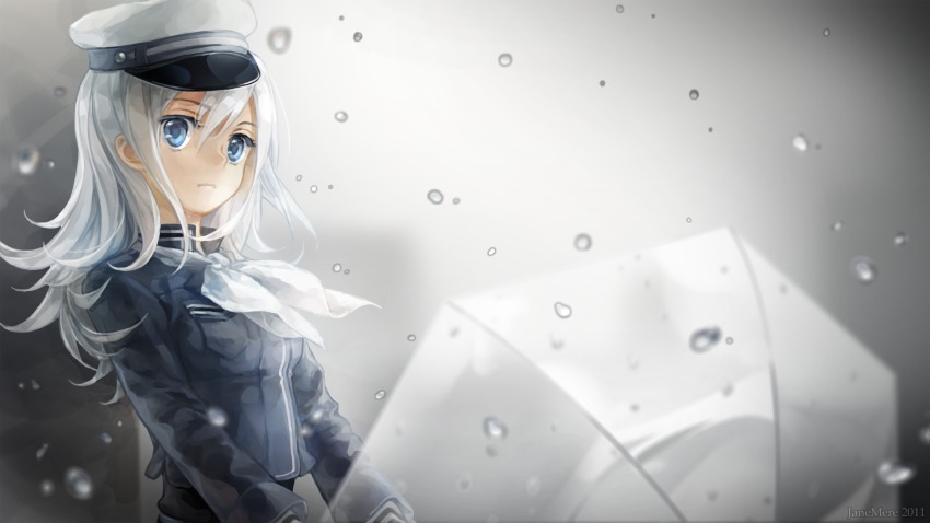 1girl ama_no_jaku_(vocaloid) blue_eyes female_focus hat highres jack_amano jane_mere long_hair peaked_cap solo transparent transparent_umbrella umbrella vocaloid water_drop white_hair