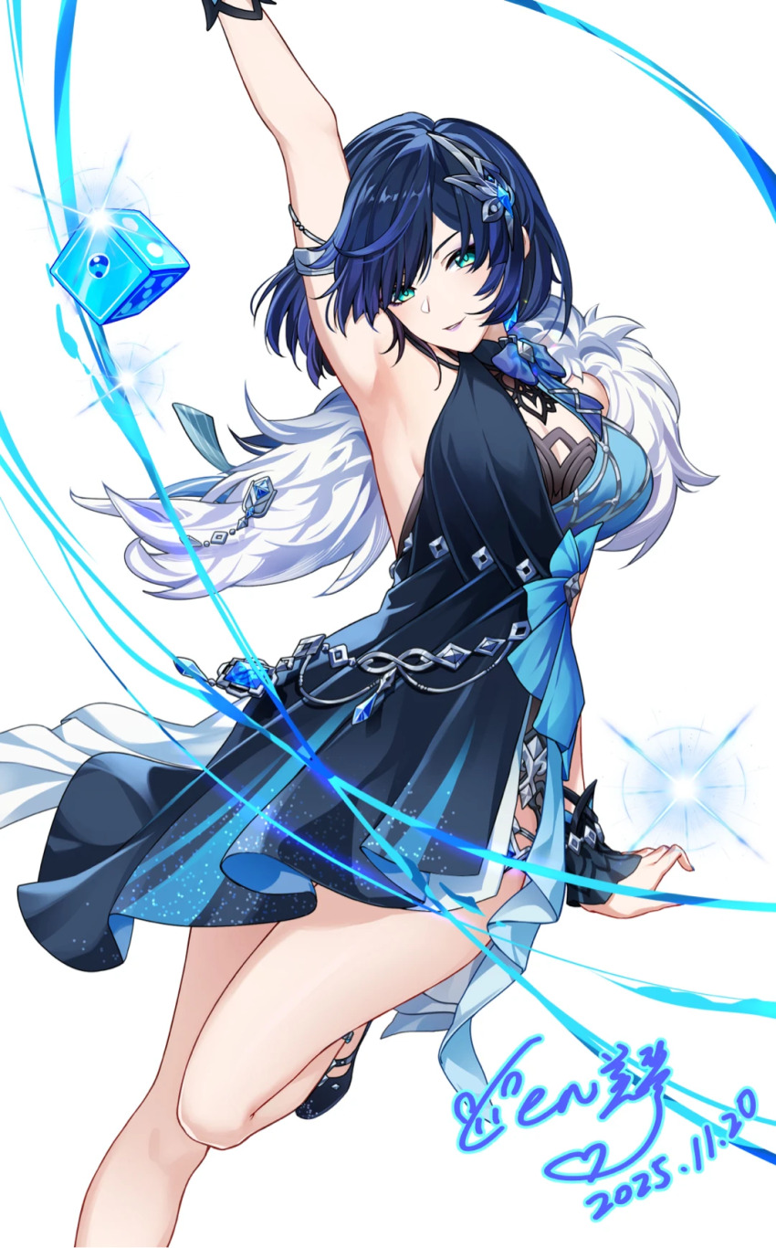 1girl artist_name backless_bodysuit backless_dress backless_outfit blunt_bangs bodysuit breasts cen_(cenll) dated dice dress earrings fingerless_gloves fur-trimmed_jacket fur_trim genshin_impact gloves gradient_hair green_eyes halter_dress halterneck high_heels highres jacket jewelry multicolored_hair purple_lips short_hair smile solo white_background white_gloves yelan_(genshin_impact) yelan_(tranquil_banquet)_(genshin_impact)