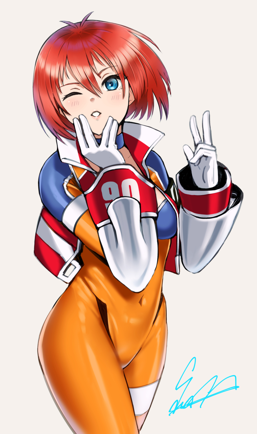 1girl artist_name blue_eyes blush bodysuit burning_rangers gauntlets gloves highres looking_at_viewer one_eye_closed red_hair sawasa short_hair signature simple_background solo tillis