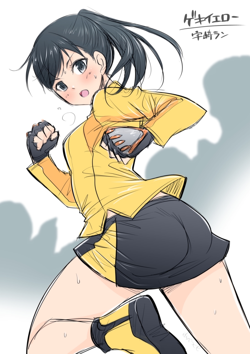 1girl abe_tsukumo ass black_eyes black_hair black_shorts blush breasts fingerless_gloves gloves grey_eyes highres jacket juuken_sentai_gekiranger long_hair long_sleeves looking_at_viewer looking_back medium_breasts open_mouth ponytail running shirt shoes shorts super_sentai sweat uzaki_ran yellow_footwear yellow_jacket