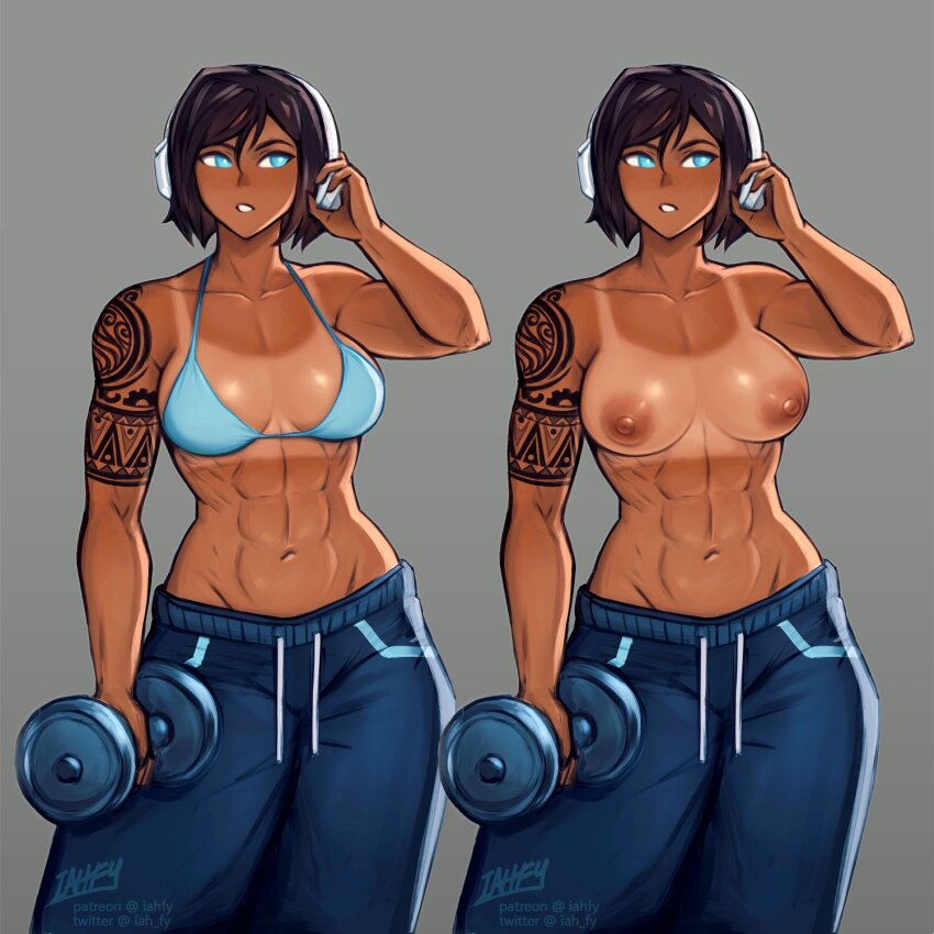 1girl abs arm_tattoo avatar_legends biceps bikini bikini_top_only blue_bikini blue_eyes bra breasts brown_hair dark-skinned_female dark_nipples dark_skin dumbbell headphones heat_stroke_photoshoot_(meme) highres iahfy korra muscular muscular_female navel nipples pants short_hair stomach sweatpants swimsuit tan tanline tattoo the_legend_of_korra topless_female underwear