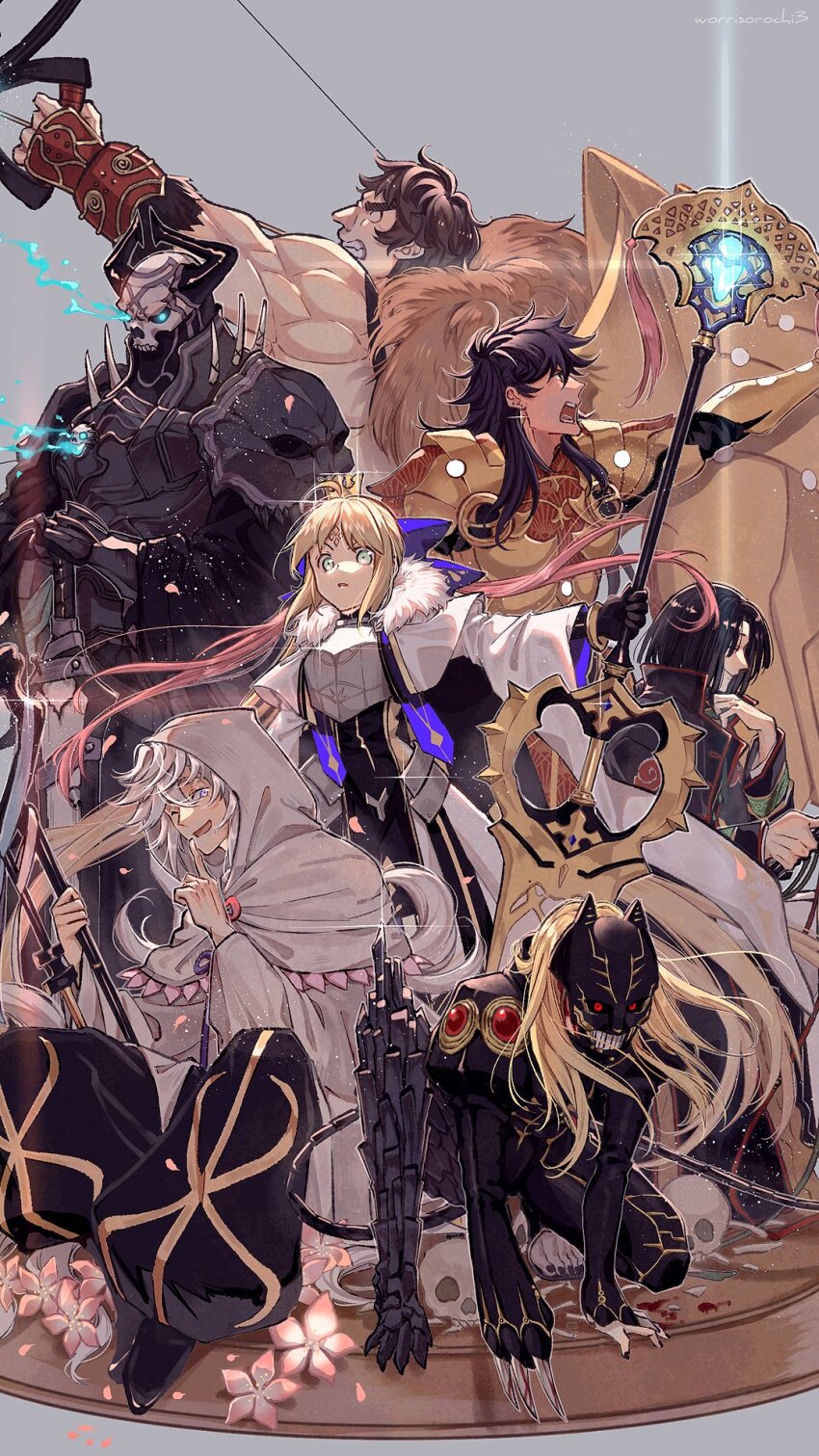 ahoge armor artoria_caster_(fate) artoria_caster_(third_ascension)_(fate) artoria_pendragon_(fate) black_hair blonde_hair blood bloody_weapon bow_(weapon) brown_hair crown facial_mark fate/grand_order fate_(series) flower green_eyes group_picture highres holding holding_rod holding_staff king_hassan_(fate) long_hair mask merlin_(fate) muscular muscular_male purple_eyes red_eyes robe rod romulus_quirinus_(fate) squatting staff super_orion_(fate) sword taigong_wang_(fate) tezcatlipoca_(fate) tezcatlipoca_(second_ascension)_(fate) weapon white_hair white_robe worrisorochi