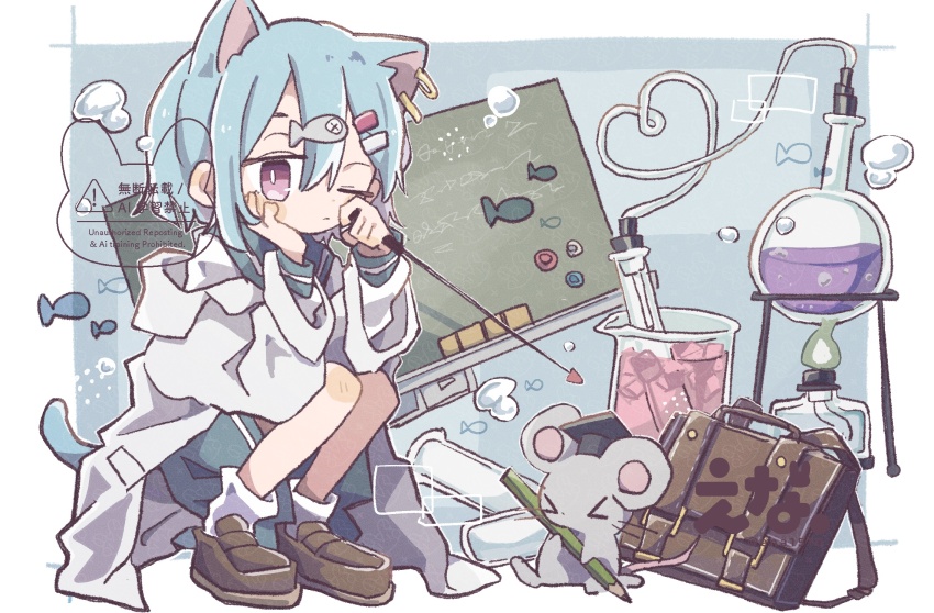 &gt;_&lt; 1girl animal_ear_piercing animal_ears artist_name bag beaker blue_hair blush_stickers bright_pupils brown_shoes cat_ears cat_girl cat_tail chalkboard closed_mouth earrings ena_1510 fish_hair_ornament flask full_body green_skirt hair_ornament hairclip hand_on_own_cheek hand_on_own_face heart highres holding jewelry long_sleeves looking_at_viewer mouse_(animal) one_eye_closed original pencil pink_eyes round-bottom_flask shirt shoes short_hair skirt socks solo squatting tail test_tube twitter_username watermark white_pupils white_shirt white_socks