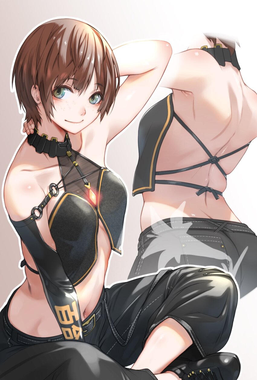 1girl arm_behind_head ass black_collar black_footwear black_pants breasts brown_hair collar criss-cross_back-straps fune_(fune83ojj) green_eyes highres lily_(stellar_blade) midriff multiple_views navel pants short_hair simple_background single_sleeve stellar_blade white_background