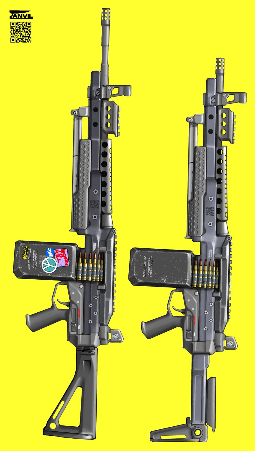 absurdres asterozoa fn_minimi gun highres light_machine_gun machine_gun no_humans original peace_symbol qr_code simple_background sticker weapon weapon_focus yellow_background