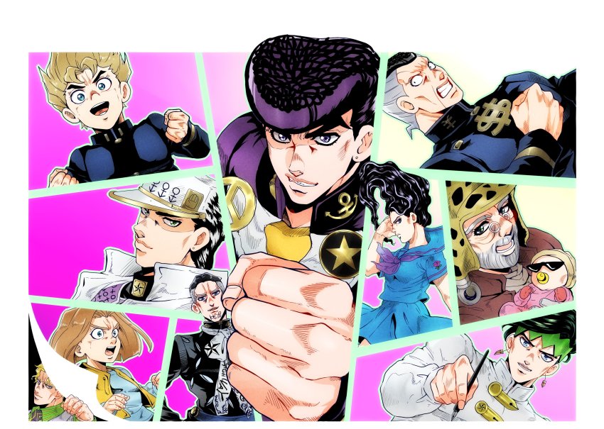 2girls 6+boys absurdres anchor_symbol baby black_hair blonde_hair blue_eyes brown_hair clenched_hand clenched_hands dollar_sign earrings facial_hair foreshortening formal_clothes fungami_yuya gakuran glasses green_hair grey_hair hat headband higashikata_josuke highres hirose_koichi imaru_(yashiro19950425) jewelry jojo_no_kimyou_na_bouken joseph_joestar joseph_joestar_(old) kawajiri_hayato kira_yoshikage kishibe_rohan kuujou_joutarou light_brown_hair long_hair multicolored_hair multiple_boys multiple_girls necktie nijimura_okuyasu open_mouth peace_symbol pen pompadour purple_eyes purple_hair school_uniform serafuku shizuka_joestar star_(symbol) stud_earrings suit turtleneck two-tone_hair vest wavy_hair yamagishi_yukako yen_sign
