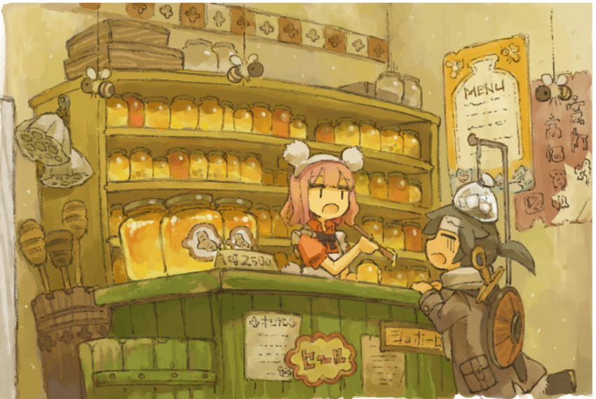 1boy 1girl animal_ear_hairband animal_ears apron black_bow black_bowtie black_hair bow bowtie brown_jacket closed_eyes commentary_request counter fake_animal_ears feeding hairband holding holding_spoon honey honey_dipper honeycomb_(object) ice_pack indoors jacket jar koki08186863 long_sleeves medium_hair open_mouth orange_shirt original pink_hair ponytail poster_(object) puffy_short_sleeves puffy_sleeves shelf shield shield_on_back shirt shop short_sleeves spoon standing standing_on_one_leg stuffed_bee sword tail weapon white_hairband