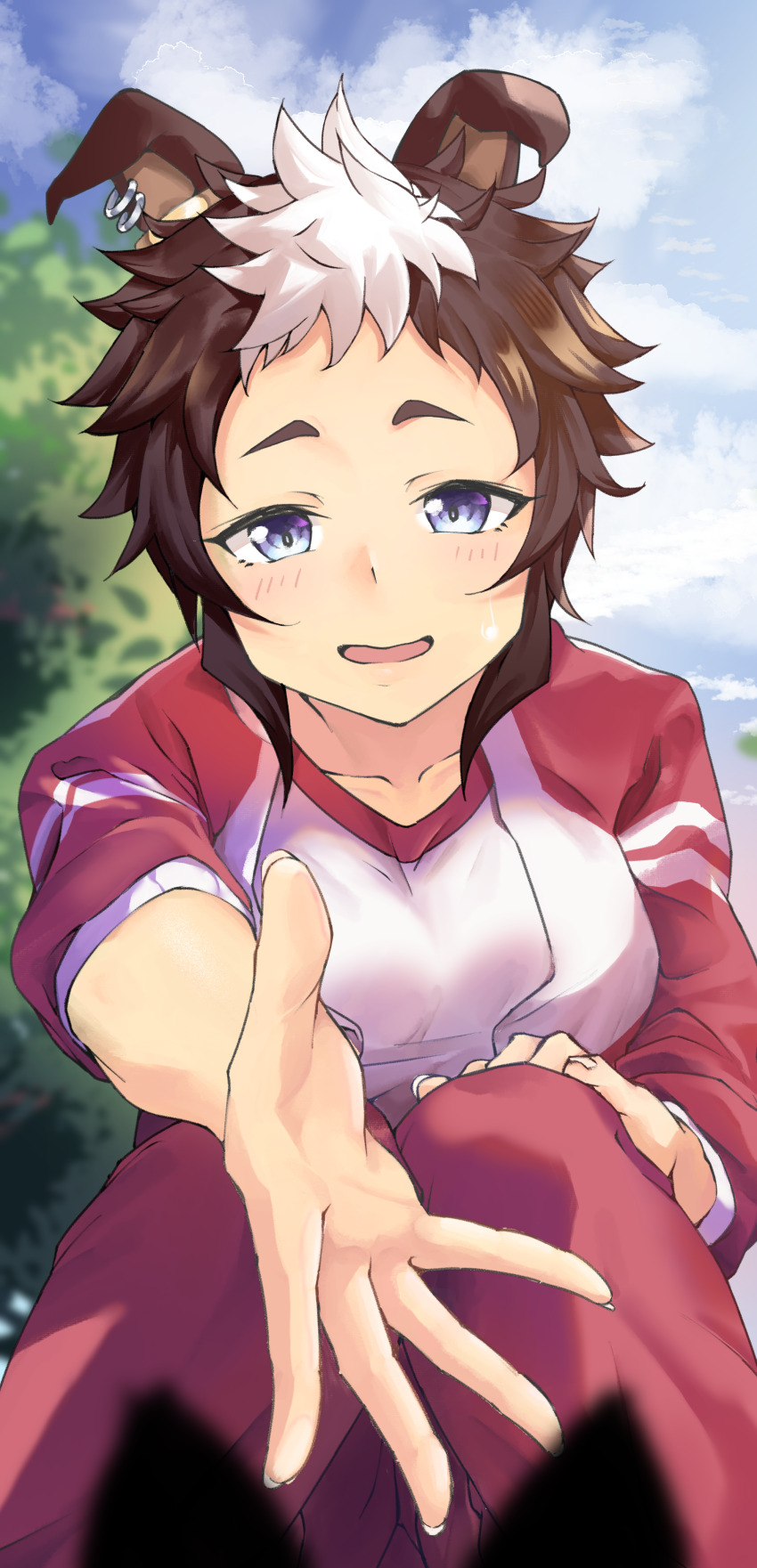 1girl absurdres animal_ear_piercing animal_ears blue_sky blurry blurry_background brown_hair collarbone commentary_request day ear_ornament ear_piercing eros_no_kami highres horse_ears horse_girl jacket looking_at_viewer medium_hair mejiro_ryan_(umamusume) multicolored_hair open_clothes open_jacket open_mouth outdoors pants piercing purple_eyes reaching reaching_towards_viewer shirt sky sleeve_rolled_up smile solo streaked_hair track_jacket track_pants umamusume white_hair white_shirt
