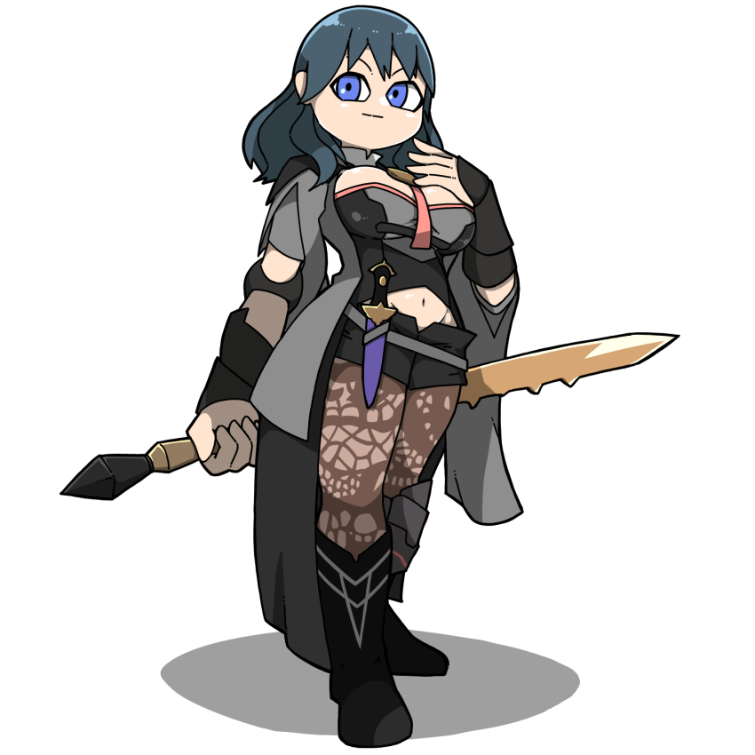 1girl black_boots black_shorts blue_eyes blue_hair bodice boots breasts brown_pantyhose female_byleth_(fire_emblem) closed_mouth dagger dark_blue_hair fire_emblem fire_emblem:_three_houses full_body groin hand_on_own_chest hand_up highres holding holding_sword holding_weapon knife medium_breasts medium_hair name_omoitukan2 navel nintendo pantyhose pantyhose_under_shorts patterned_legwear shadow shorts simple_background solo standing sword sword_of_the_creator weapon white_background