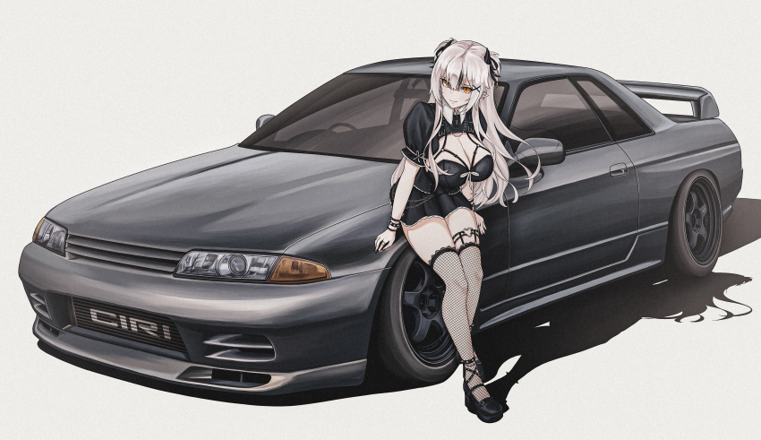 1girl absurdres black_dress bokuya breasts car cleavage closed_mouth commentary dress english_commentary fishnet_thighhighs fishnets grey_car highres indie_virtual_youtuber large_breasts long_hair motor_vehicle nissan nissan_skyline nissan_skyline_r32 puffy_short_sleeves puffy_sleeves shadow short_sleeves simple_background smile solo spoiler_(automobile) sports_car standing thighhighs vehicle_focus virtual_youtuber white_background white_hair