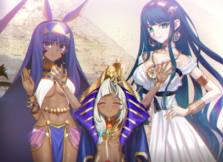 1boy 2girls animal_ears aora armlet arms_up bare_shoulders belly_chain blush bracelet breasts cleavage cleopatra_(fate) cleopatra_(third_ascension)_(fate) cloak closed_eyes collarbone dark-skinned_female dark-skinned_male dark_skin dress earrings egyptian facepaint facial_mark fate/grand_order fate_(series) gold_trim green_eyes green_hair hairband halterneck hoop_earrings jackal_ears jewelry large_breasts long_hair looking_at_viewer medium_breasts multiple_girls navel necklace nemes nitocris_(fate) parted_bangs pelvic_curtain pendant purple_eyes purple_hair pyramid_(structure) sidelocks smile thighs tutankhamun_(fate) tutankhamun_(second_ascension)_(fate) usekh_collar very_long_hair white_dress white_hair