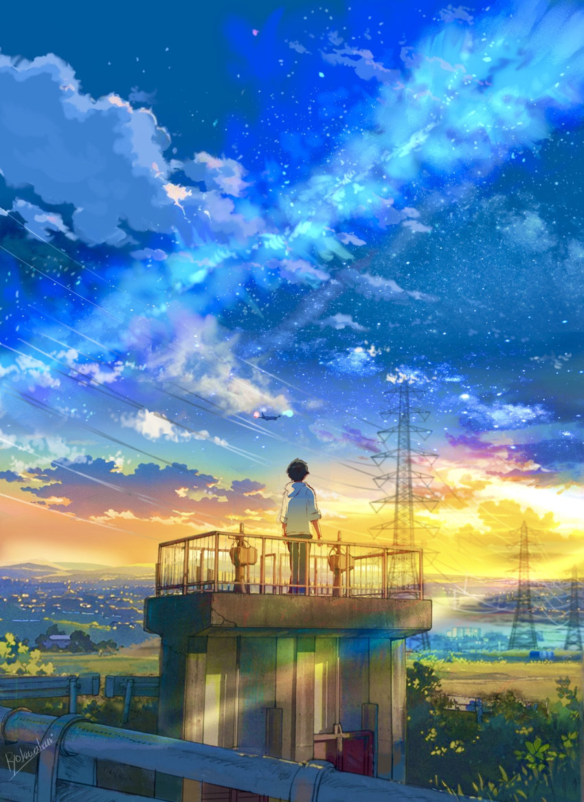 1boy black_pants blue_sky building bush cloud commentary_request evening from_behind highres hood hoodie landscape mountain original outdoors pants power_lines railing rural ryowelcome1 scenery sky standing star_(sky) starry_sky sunlight sunset transmission_tower white_hoodie