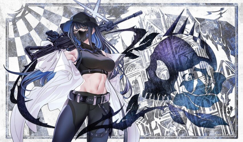1girl arikanrobo baseball_cap black_hat black_mask blue_archive blue_halo buckle chest_harness coat colored_inner_hair halo harness hat highres knife_sheath mask mouth_mask multicolored_hair saori_(blue_archive) sheath shirt sig_516 sig_sauer sleeveless sleeveless_shirt snap-fit_buckle solo thigh_sheath white_coat
