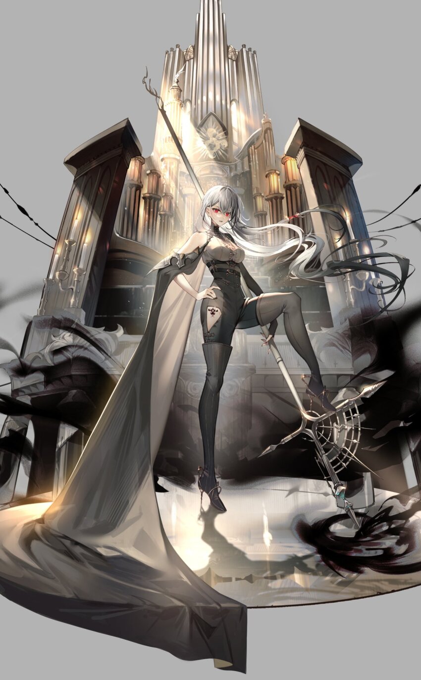 1girl boots breasts clothing_cutout full_body grey_background grey_hair hand_on_own_hip high_heels highres holding holding_polearm holding_weapon instrument long_hair looking_at_viewer medium_breasts nail_polish organ_(instrument) original polearm red_eyes shoulder_cutout side_cape solo standing thigh_boots thigh_cutout very_long_hair weapon wind wind_lift yu_pa_u