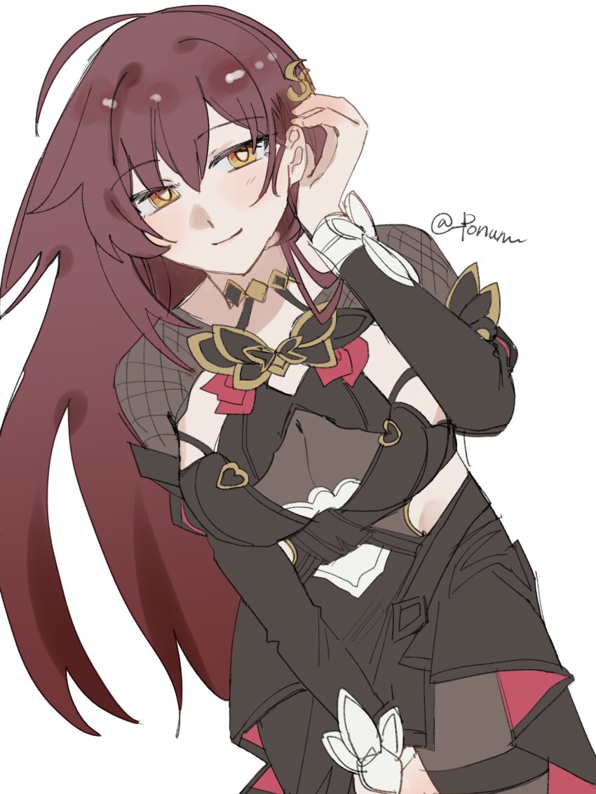 1girl absurdres black_dress black_pantyhose breasts brown_hair cleavage commentary_request dress eden_(honkai_impact) highres honkai_(series) honkai_impact_3rd large_breasts long_hair looking_at_viewer pantyhose ponunu see-through_cleavage see-through_clothes simple_background smile solo twitter_username very_long_hair white_background yellow_eyes