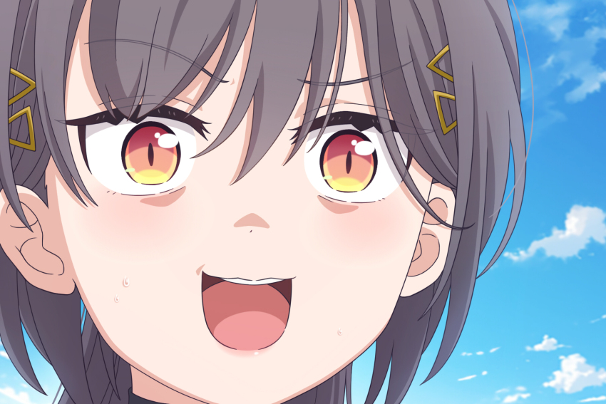 1girl akihitohappy blue_sky cloud commentary_request grey_hair hair_ornament hairclip highres katsuragi_izumi light_blush link!_like!_love_live! love_live! nervous_smile nervous_sweating open_mouth red_eyes scene_reference sky slit_pupils smile sweat