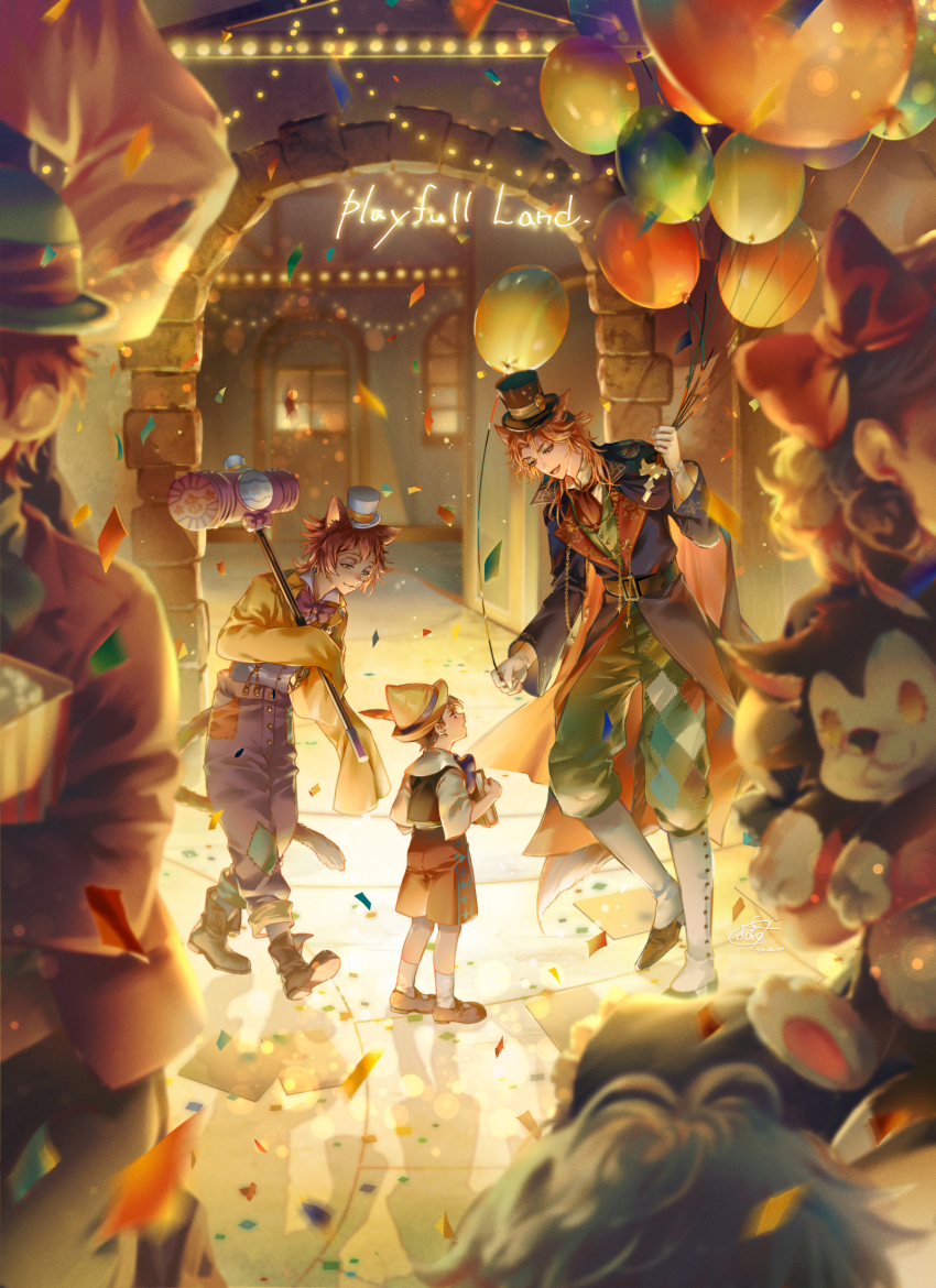 3boys animal_ears balloon black_coat boots cat_boy cat_ears cat_tail child coat confetti doro_(sabarudoro) english_text fellow_honest fox_boy fox_ears fox_tail full_body gidel_(twisted_wonderland) hat highres holding holding_mallet long_hair long_sleeves looking_at_another male_focus mallet multiple_boys orange_hair pinocchio_(disney_character) pinocchio_(disney_movie) sleeves_past_fingers sleeves_past_wrists suspenders tail top_hat twisted_wonderland
