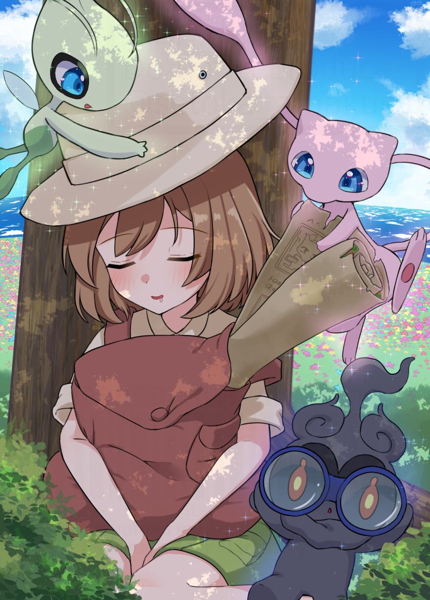 1boy absurdres against_tree amakusa_setoka backpack bag brown_bag brown_hair budding_expeditioner_(pokemon) celebi closed_eyes cloud commentary_request day gen_1_pokemon gen_2_pokemon gen_7_pokemon grass green_shorts hat highres legendary_pokemon male_focus marshadow mew_(pokemon) mythical_pokemon nintendo outdoors pokemon pokemon_(creature) pokemon_tcg pokemon_tcg_pocket scroll shirt short_sleeves shorts sitting sky sleeping sparkle tree water