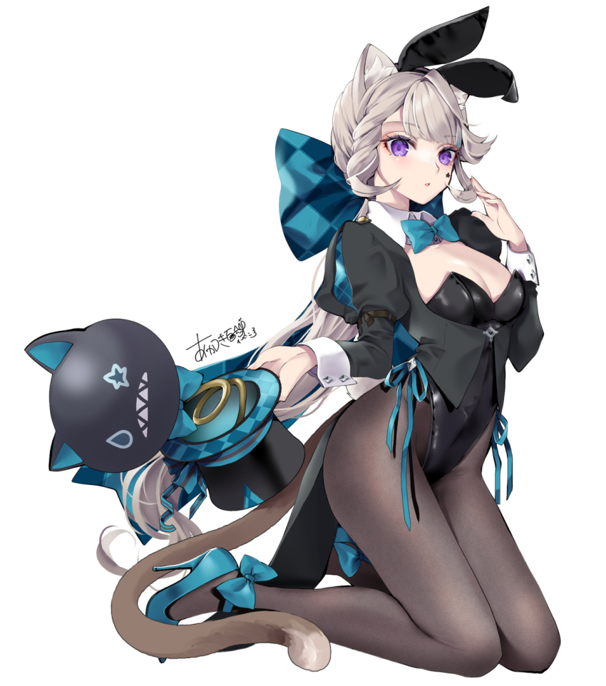 1girl akatsuki_hijiri animal_ears black_pantyhose bow breasts brown_hair cat_ears cat_girl cat_tail cleavage commentary facial_tattoo fake_animal_ears full_body genshin_impact hair_bow hat high_heels highres holding holding_unworn_clothes holding_unworn_hat kneeling long_hair long_sleeves looking_at_viewer lynette_(genshin_impact) lyney_(genshin_impact) pantyhose parted_lips purple_eyes rabbit_ears simple_background solo star_tattoo tail tattoo unworn_hat unworn_headwear very_long_hair white_background