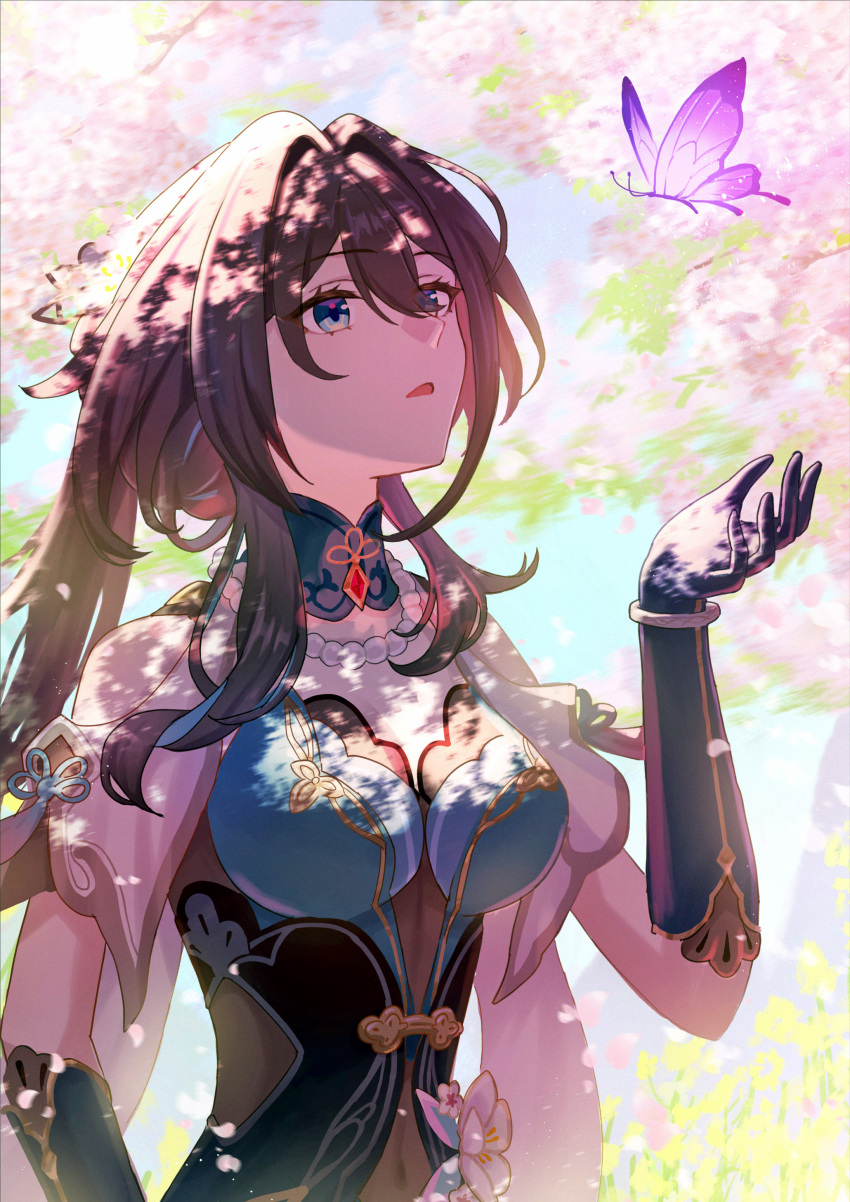 1girl absurdres aqua_collar aqua_dress bare_shoulders bead_necklace beads breasts brown_hair bug butterfly cherry_blossoms clothing_cutout commentary_request detached_collar dress green_eyes hair_between_eyes hand_up highres honkai:_star_rail honkai_(series) insect isome jewelry large_breasts long_hair looking_at_animal necklace outdoors parted_lips purple_butterfly ruan_mei_(honkai:_star_rail) shoulder_cutout sidelocks solo upper_body