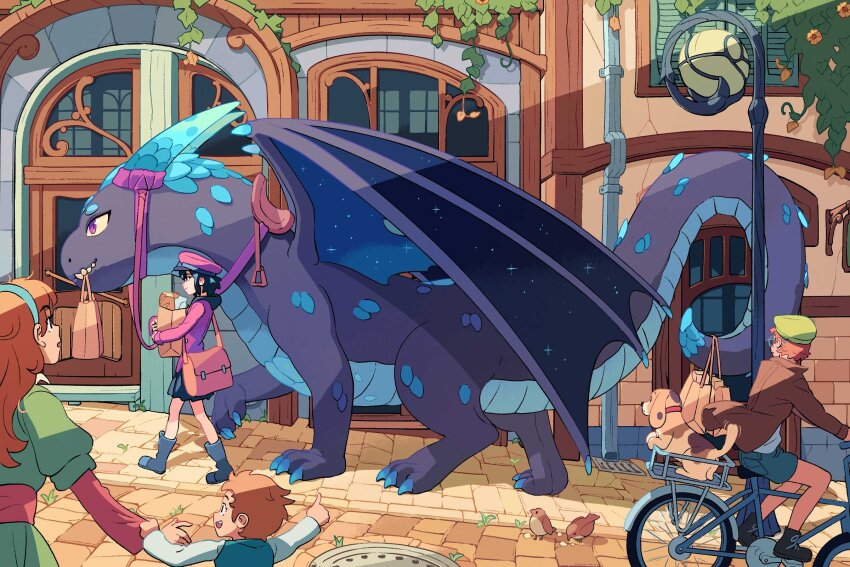 2boys 2girls animal_collar bag baguette bicycle bird black_dress black_hair black_shoes blue_boots blue_horns blue_shorts boots bread brown_coat brown_hair building claws coat collar commentary dog door dragon dragon_wings drainpipe dress english_commentary food glasses grate green_beret green_dress hat highres holding holding_another&#039;s_wrist holding_bag horns kevin_hong lamppost long_hair looking_at_another mailbag medium_hair mouth_hold multiple_boys multiple_girls original outdoors pink_coat pink_hat pink_shirt pointing pointing_at_another purple_eyes purple_scales red_sash reins riding riding_bicycle road saddle sash sewer_grate sharp_teeth shirt shoes shorts sidewalk sign sparkle street teeth town walking white_shirt window wings