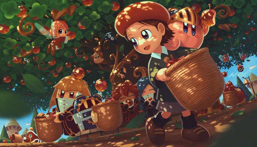 5girls 5health adeleine apple artist_name bandana bandana_waddle_dee basket bell beret blonde_hair blue_eyes blue_hair blue_sky bronto_burt brown_hair capiller_(kirby) carrying caterpillar closed_eyes commentary_request company_name eating fairy fairy_wings flag flamberge_(kirby) food francisca_(kirby) fruit fruit_basket gem_apple gooey_(kirby) hat helmet highres king_dedede kirby kirby_(series) leaf long_hair magolor multiple_girls nintendo pink_hair pupa_(kirby) purple_eyes rayman_limbs red_hair ribbon_(kirby) shadow short_hair sky sunlight super_kirby_clash sword_hero_(team_kirby_clash) tree waddle_dee wings yellow_eyes zan_partizanne