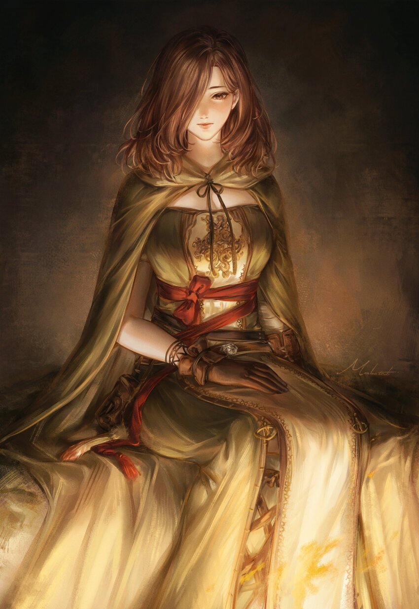 1girl absurdres brown_eyes brown_gloves brown_hair cape cloak closed_mouth dark_souls_(series) dark_souls_ii dress emerald_herald gloves green_cloak green_dress hair_over_one_eye highres hood hooded_cape hooded_cloak long_hair looking_at_viewer mabotnb sitting solo