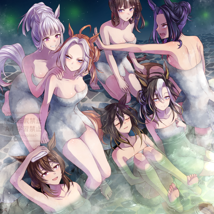 6+girls animal_ears bare_shoulders barefoot breasts brown_hair closed_eyes commentary_request dream_journey_(umamusume) fenomeno_(umamusume) gold_ship_(umamusume) hair_between_eyes hands_on_another&#039;s_shoulders highres horse_ears horse_girl horse_tail large_breasts long_hair looking_at_another lucky_lilac_(umamusume) medium_breasts medium_hair multicolored_hair multiple_girls nakayama_festa_(umamusume) naked_towel onsen orange_hair orfevre_(umamusume) outdoors ponytail purple_eyes purple_hair same-sex_bathing shared_bathing short_hair small_breasts stay_gold_(umamusume) stay_gold_clan_(umamusume) steam tail towel towel_on_head two-tone_hair umamusume watermark white_hair yue_(lov_n_n)