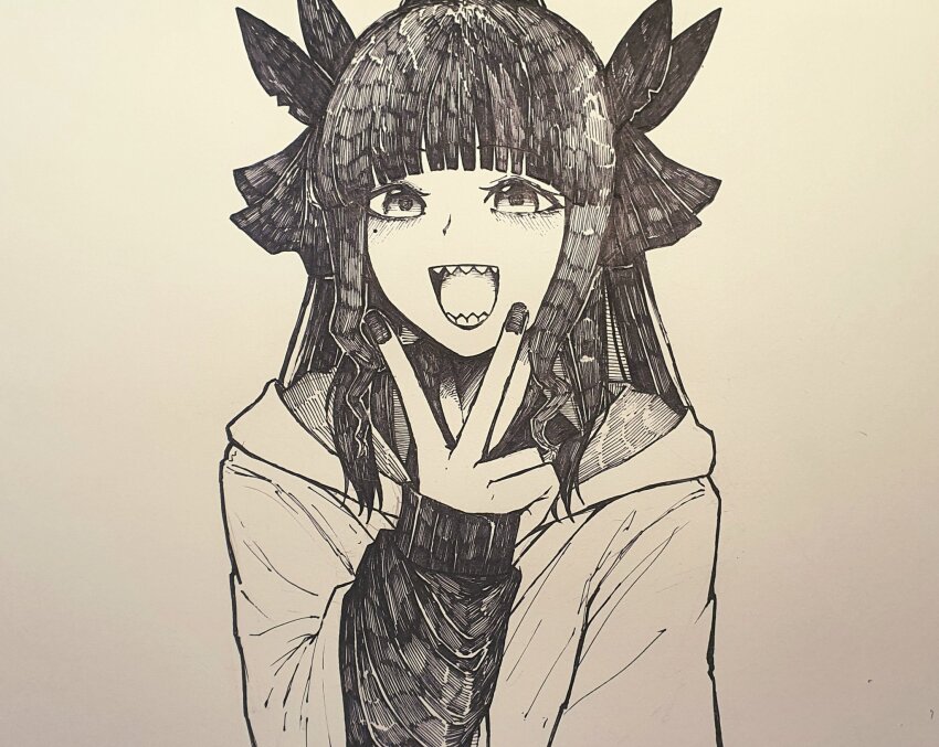 1girl artemis_of_the_blue atelier_live black_eyes black_hair black_nails blunt_bangs epeulu_(ate5424) greyscale hair_ribbon hashtag-only_commentary hatching_(texture) highres hood hood_down hoodie layered_clothes long_hair marker_(medium) mole mole_under_eye monochrome open_mouth ribbon shark_girl sharp_teeth solo teeth traditional_media v virtual_youtuber white_hoodie wide_sleeves