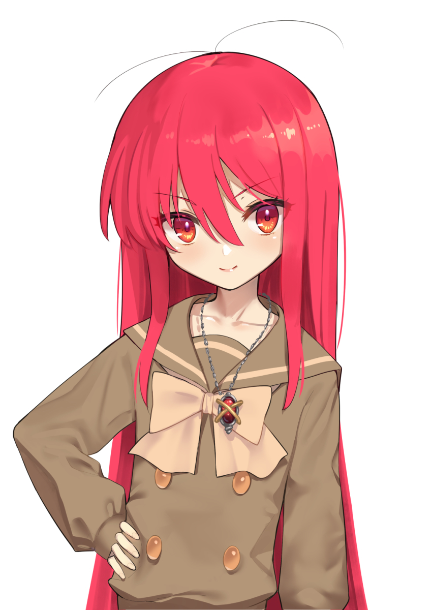 1girl alastor_(shakugan_no_shana) antenna_hair beige_bow bow bowtie collarbone commentary_request eyes_visible_through_hair hair_between_eyes hand_on_own_hip highres jewelry long_hair long_sleeves looking_at_viewer necklace ohlia red_eyes red_hair school_uniform shakugan_no_shana shana simple_background sleeves_past_wrists smile solo upper_body very_long_hair white_background