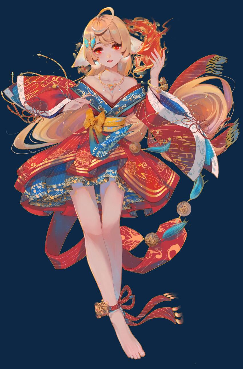1girl absurdres ahoge animal_ears ankle_ribbon bare_legs bare_shoulders barefoot blonde_hair blue_background blue_butterfly bow bracelet breasts bug butterfly butterfly_hair_ornament chinese_clothes cleavage cloud_print crossed_legs dress dress_bow ears_down fire floating_hair floral_print fox_ears full_body grin hair_ornament hands_up hanfu highres huyao_xiao_hongniang insect jewelry layered_dress leg_ribbon long_hair long_sleeves looking_at_viewer medium_breasts necklace off-shoulder_dress off_shoulder pyrokinesis red_dress red_eyes red_ribbon ribbon short_dress smile solo standing tushan_honghong very_long_hair watson_cross wide_sleeves yellow_bow yi_er_san