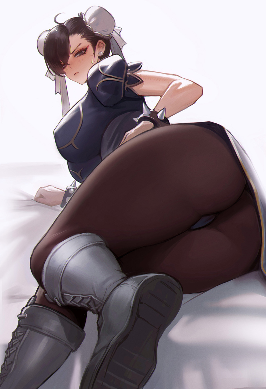 1girl ahoge ass ass_focus black_hair black_pantyhose blue_dress blue_panties blush boots bracelet breasts brown_eyes bun_cover capcom chun-li clenched_hand closed_mouth commentary commission double_bun dress earrings english_commentary eyelashes foot_out_of_frame full_body grey_boots hair_between_eyes hair_bun hand_on_own_hip highres huge_breasts jewelry knees_together_feet_apart large_breasts looking_down lying on_bed on_side panties pantyhose pearl_earrings puffy_short_sleeves puffy_sleeves short_sleeves simple_background solo spiked_bracelet spikes street_fighter sweatdrop thick_thighs thighs tomatoketchup96 underwear white_background
