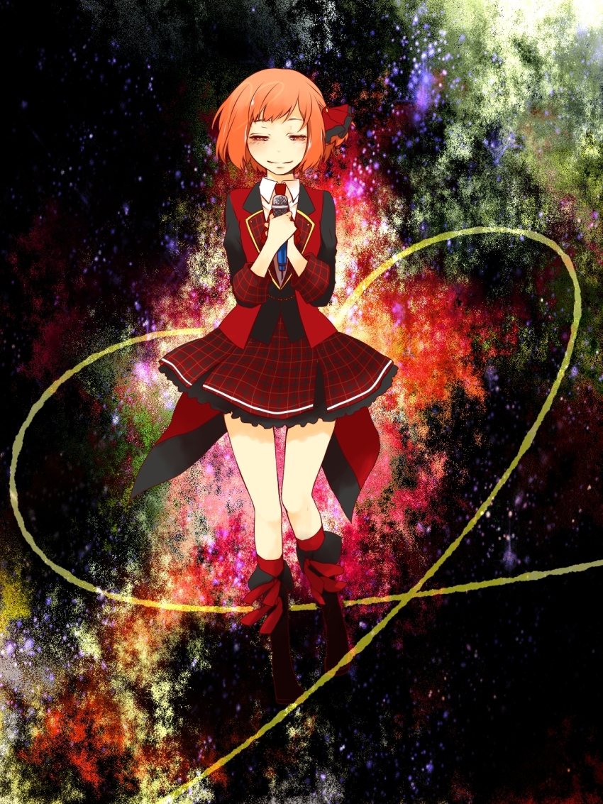 1girl akb0048 black_boots blush boots bow brown_eyes brown_hair collared_shirt hair_bow half-closed_eyes heart highres holding holding_to_chest jacket knee_boots lapels long_sleeves microphone motomiya_nagisa multicolored_background necktie plaid_clothes plaid_skirt red_bow red_necktie red_vest shirt short_hair skirt sleeves_rolled_up smile solo suit_jacket tailcoat vest white_shirt wonderland5