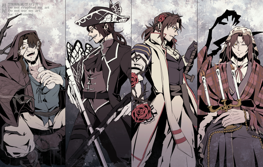 1boy animal_print belt black_butterfly black_coat branch brown_cloak bug butterfly candlestand christmas_nightmare_(e.g.o) cloak coat curtained_hair dual_wielding e.g.o_(project_moon) facial_hair flower frills garden_of_thorns_(e.g.o) glasses gourd gregor_(project_moon) gun hair_flower hair_ornament hair_over_one_eye hat highres holding holding_gourd holding_gun holding_sword holding_weapon insect irezumi kurokumo_clan_(identity)_(project_moon) lantern_(e.g.o) limbus_company loose_clothes loose_shirt male_focus mob_cap mry_46 multiple_views neck_ribbon open_mouth pirate_hat project_moon ribbon rose scarf sheath shirt sitting sleepy smoking solemn_lament_(e.g.o) solo stubble sword tattoo twinhook_pirates_(identity)_(project_moon) unsheathing weapon white_butterfly white_scarf wuthering_heights_(identity)_(project_moon) zwei_association_south_uniform