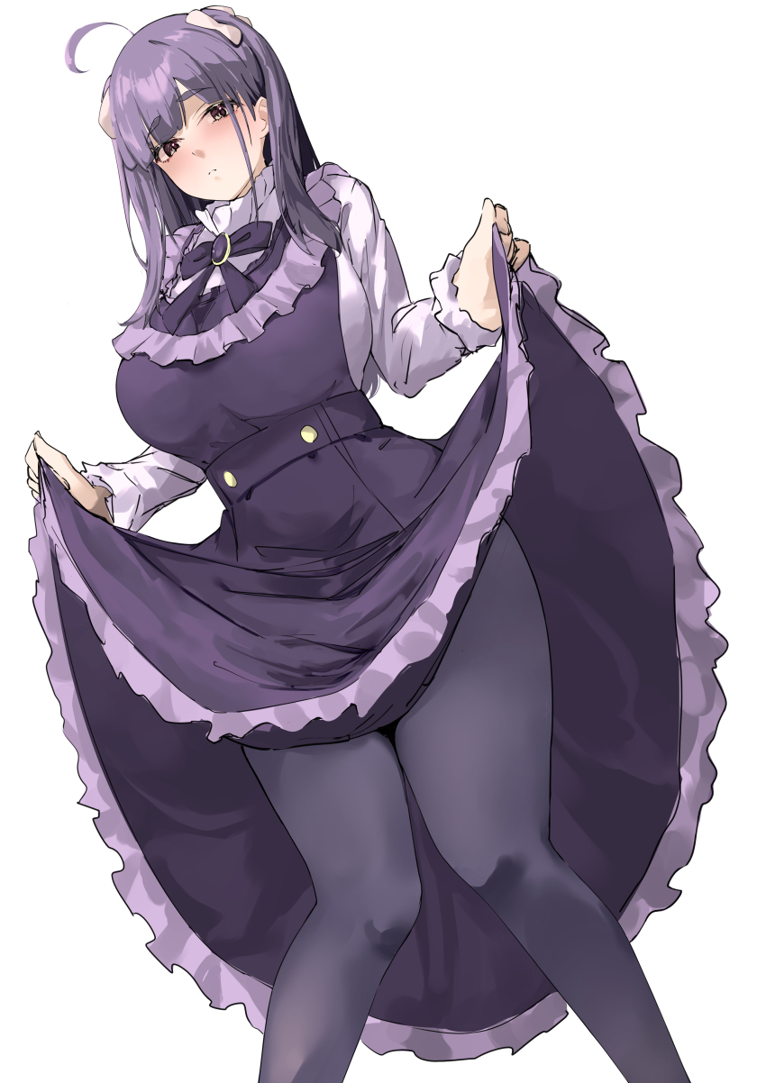 1girl absurdres ahoge black_pantyhose black_ribbon blunt_bangs blush breasts brown_eyes carskey1120 chofu_noriko closed_mouth clothes_lift commentary dress embarrassed feet_out_of_frame frilled_dress frills hashtag-only_commentary highres ikizulive!_love_live!_bluebird knees_together_feet_apart large_breasts lifting_own_clothes long_dress long_hair love_live! neck_ribbon pantyhose pinafore_dress purple_dress purple_hair ribbon simple_background skirt skirt_lift sleeveless sleeveless_dress solo thick_thighs thighs two_side_up white_background