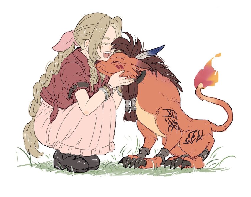 1girl aerith_gainsborough animal bangle boots bracelet closed_eyes commentary dress final_fantasy final_fantasy_vii final_fantasy_vii_rebirth final_fantasy_vii_remake fire flame-tipped_tail full_body grass hair_ribbon heads_together highres jacket jewelry kmitty light_brown_hair long_hair open_mouth orange_fur parted_bangs petting pink_dress pink_ribbon red_jacket red_xiii ribbon short_sleeves smile squatting symbol-only_commentary tail tassel tattoo teeth upper_teeth_only very_long_hair white_background