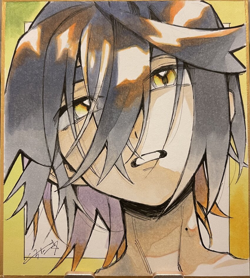 1boy absurdres clenched_teeth commentary_request hair_between_eyes head_tilt hei_tai_(kyaputen1) highres kieran_(pokemon) male_focus mole mole_on_neck nintendo pokemon pokemon_sv portrait signature solo teeth traditional_media yellow_eyes