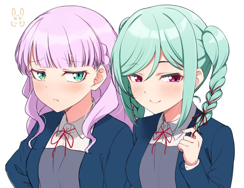2girls akatsuki_rabbit aqua_hair blue_jacket blunt_bangs blush braid braided_twintails breasts closed_mouth collared_shirt dress dress_shirt frown grey_dress hair_ribbon highres jacket lone_nape_hair long_hair long_sleeves looking_at_another looking_to_the_side love_live! love_live!_superstar!! medium_breasts medium_hair multiple_girls neck_ribbon onitsuka_tomari open_clothes open_jacket pinafore_dress purple_hair red_ribbon ribbon ribbon_braid school_uniform shirt side_braids sidelocks simple_background sleeveless sleeveless_dress smile twin_braids upper_body wavy_hair white_background white_shirt wien_margarete winter_uniform yuigaoka_school_uniform