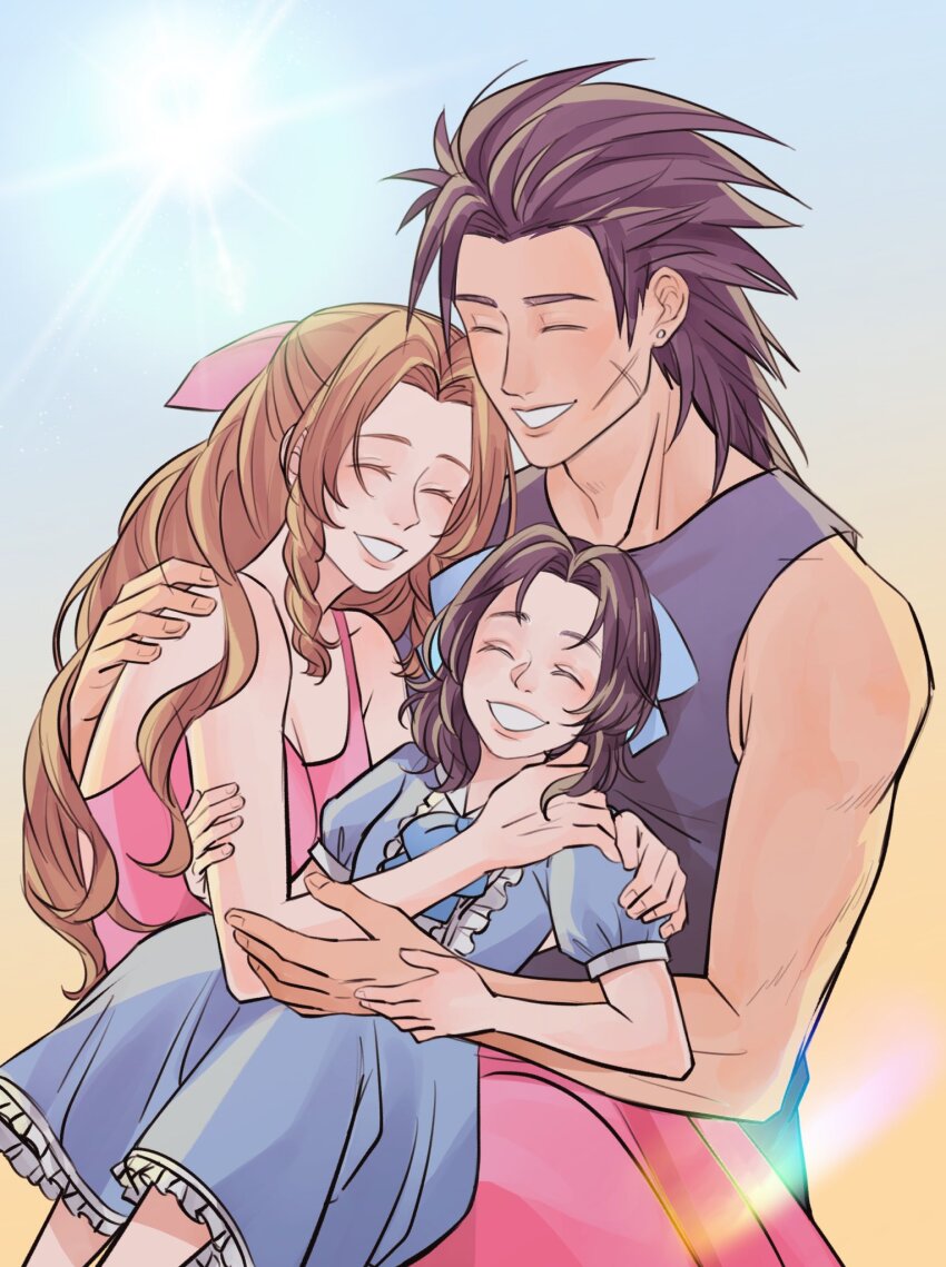 1boy 2girls aerith_gainsborough alternate_costume bare_arms bare_shoulders black_hair blue_bow blue_bowtie blue_dress blue_ribbon bow bowtie brown_hair casual closed_eyes couple crisis_core:_final_fantasy_vii cross_scar dress drill_hair drill_sidelocks earrings facial_scar family father_and_daughter feet_out_of_frame final_fantasy final_fantasy_vii frilled_dress frills gradient_background hair_ribbon hand_on_another&#039;s_shoulder happy hetero highres hug if_they_mated jewelry long_hair mother_and_daughter multiple_girls parted_bangs parted_lips pink_dress pink_ribbon puffy_short_sleeves puffy_sleeves ribbon scar scar_on_cheek scar_on_face shirt short_sleeves sidelocks sleeveless sleeveless_shirt smile spiked_hair stud_earrings sylvthea upper_body white_shirt zack_fair