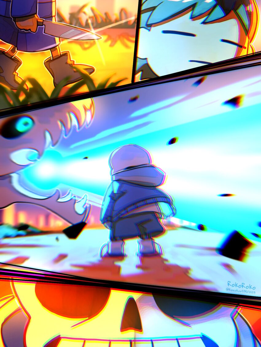 1boy 1other artist_name black_hair black_shorts blue_jacket boots chara_(undertale) closed_eyes closed_mouth fighting gasterblaster glowing glowing_eye highres holding holding_knife holding_weapon hood hood_down hooded_jacket jacket knife korokor59513559 male_focus outdoors sans_(undertale) shirt short_hair shorts skeleton skull slippers sunset teeth twitter_username undertale weapon white_shirt