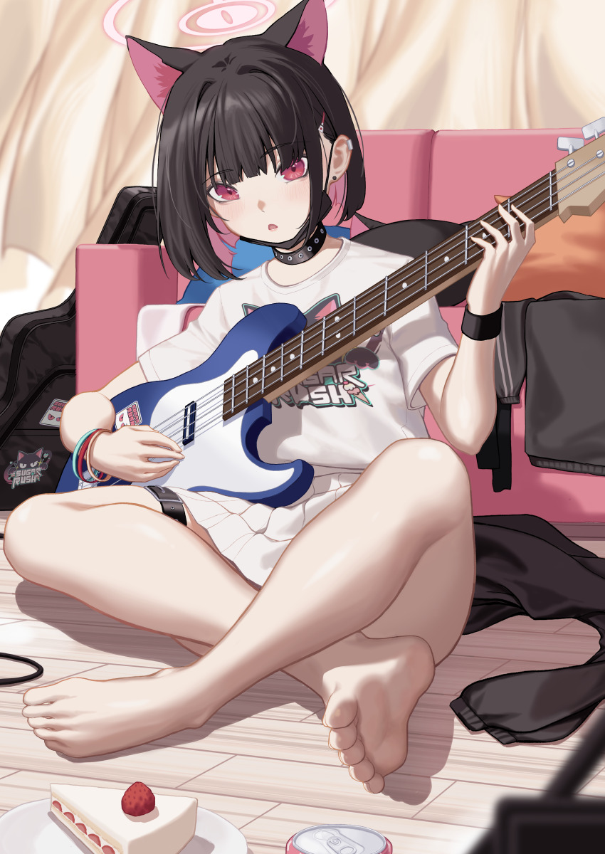 1girl absurdres animal_ears barefoot bass_guitar belt black_choker black_hair black_mask blue_archive cat_ears choker clothes_around_waist colored_inner_animal_ears colored_inner_hair extra_ears feet fender_jazz_bass halo highres holding holding_bass_guitar holding_instrument indian_style instrument jacket jacket_around_waist kazusa_(band)_(blue_archive) kazusa_(blue_archive) lamb_ovis legs looking_at_viewer mask mouth_mask multicolored_hair official_alternate_costume pink_hair pink_halo print_shirt red_eyes shirt short_hair sitting soles solo thigh_belt thigh_strap toes two-tone_hair
