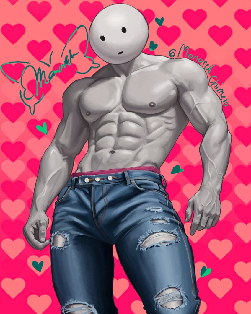 1boy :| abs closed_mouth colored_skin cowboy_shot date_everything denim doug_(date_everything) grey_skin highres jeans looking_at_viewer male_focus male_underwear monarch_chimera muscular muscular_male nipples no_shirt object_head pants pink_male_underwear solo toned toned_male torn_clothes torn_jeans torn_pants twisted_torso underwear veins